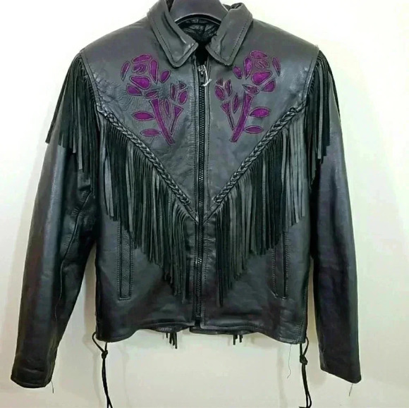 Black Leather Vintage Western Fringe Jacket with Purple Embroidery – Medium - Picture 16 of 16